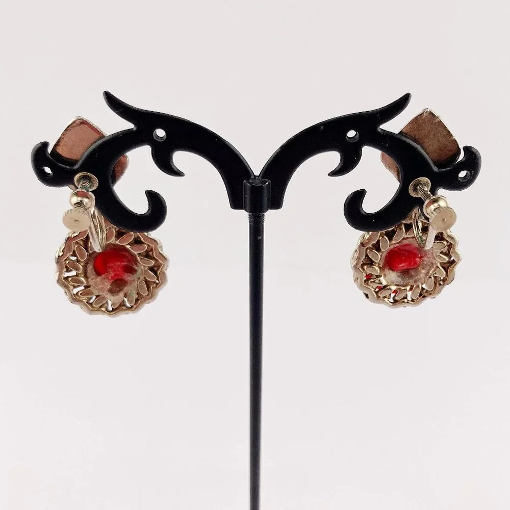 VINTAGE Red plastic rose and silver tone metal choker necklace & earring set - Picture 14 of 15